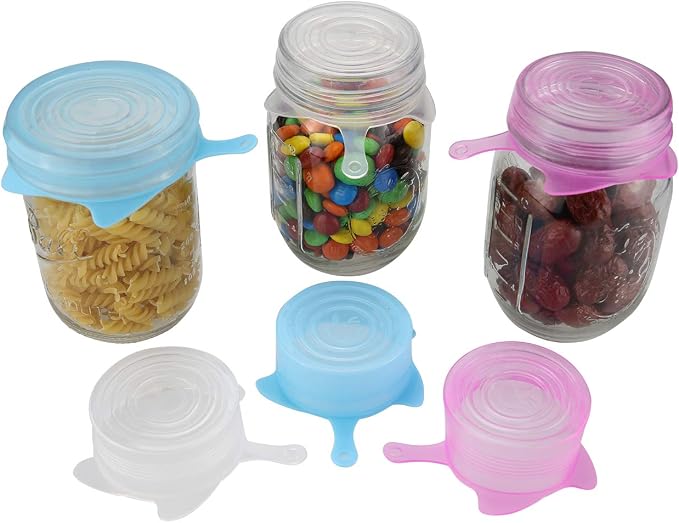 6 Pack Silicone Stretch Lids,Various Sizes Reusable Food Cover,Stretch and Seal Lids for Bowls Pans Cups Jars,Heat Resistant, Microwave and Dishwasher Safe,BPA Free