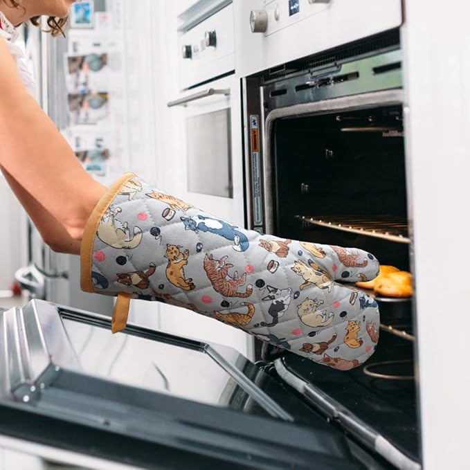 Oven Mitts Cotton Fashion Cute Cat Design 1pair | Heat Resistant Oven Gloves Safe Cooking Baking Grilling Barbecue Machine Washable Pot Holders (Cat)