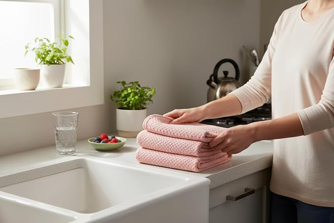 Light Pink Kitchen Hand Dish Towels, Set of 3, 100% Cotton, 18" x 28" | Terry Loop Textured, Soft & Absorbent Cleaning Cloth, Quick Dry, Multipurpose for Everyday Use