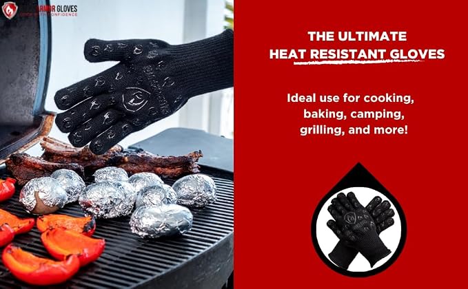 Grill Armor Oven Gloves with Fingers – Extra Long Cuff, 932°F Heat, Fire & Cut Resistant Mitts for BBQ, Grill, Cooking, Grilling, Baking & Smoker