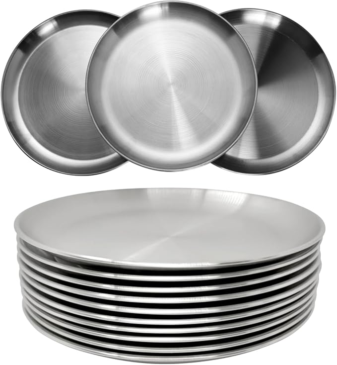CAMBUY Stainless Steel Plates 9 inch 10 Pcs Metal Dinner Dishes Plate Set | Reusable Unbreakable Lightweight Non-Toxin Dishwasher Safe BPA Free Dish Set for Home Kitchen BBQ Restaurant Outdoor Camping