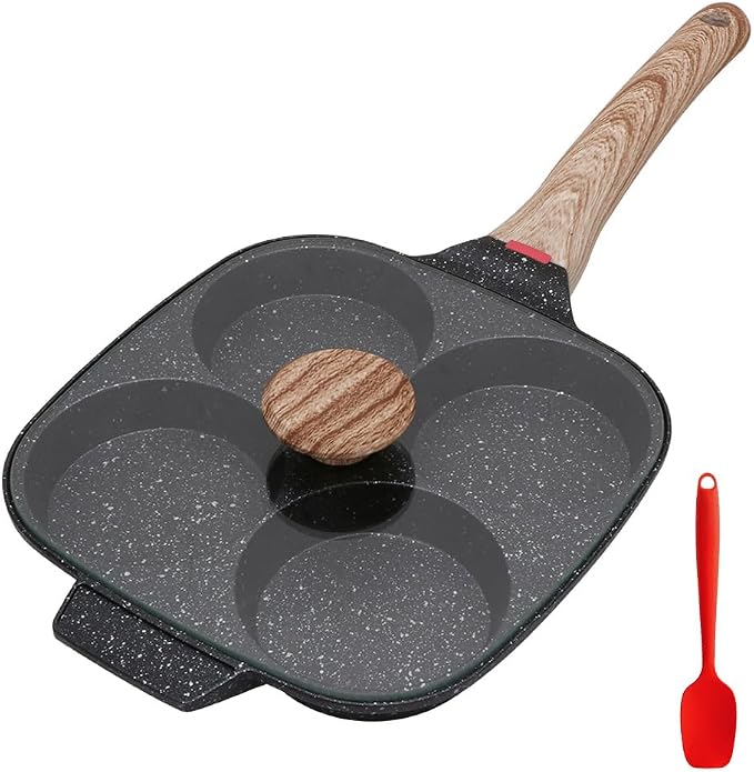Fried Egg Pan, Nonstick 4 Cups Egg Frying Pan with Lid - Black | Pancake Pan Aluminium Alloy Cooker for Breakfast, Induction Compatible