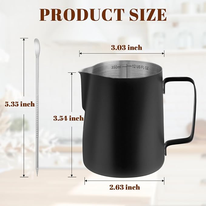 Amrules Milk Frothing Pitcher 12oz Frother Cup Barista Tools, Black | 18/8 Stainless Steel, 12oz Capacity with Clear Scale, with Decorating Pen, Ergonomic Handle, for Cappuccino, Latte & Espresso