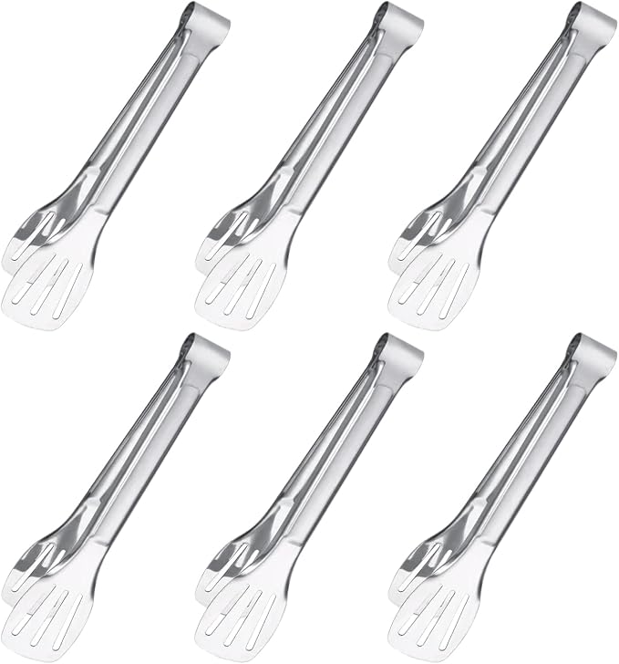6PCS Serving Tongs, 7Inch Buffet Tongs, Stainless Steel Food Tong Small Serving Utensils for Cooking, Entertaining, Salad, Barbecue, Buffet, Toast and Steak by Sunenlyst