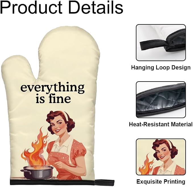 DYJYBMY Everything Is Fine Funny Oven Mitts and Pot Holder Set, Vintage Lady Kitchen Gadgets for Women Bake Lover, Housewarming Gifts for Hostess Chef Friend, Baking Gifts for Mom Wife Aunt Sister BFF