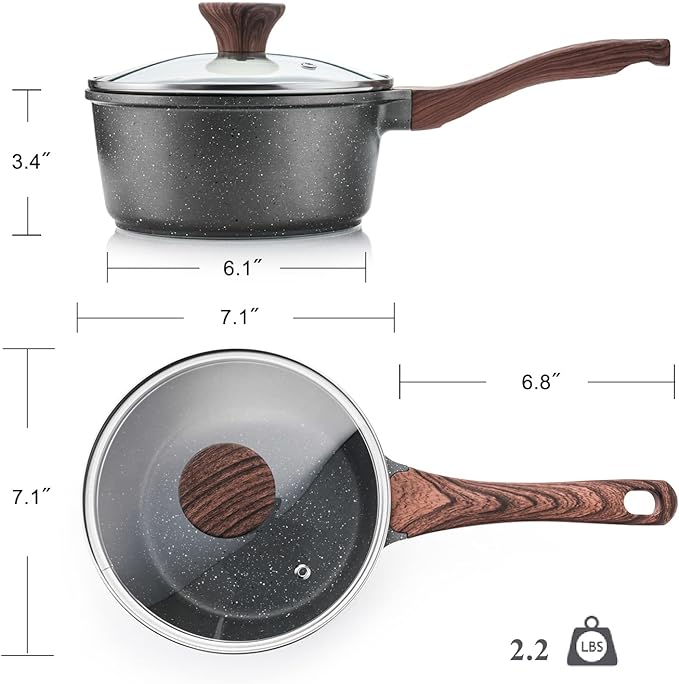 SENSARTE 2.0 Quarts Nonstick Saucepan with Lid, PFOA/PFOS Free | Small Pot with Swiss Granite Coating, Stay-cool Handle, Induction Compatible