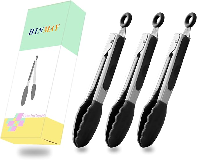 HINMAY Mini Tongs with Silicone Tips 7-Inch Kitchen Tongs, Set of 3 (Black)