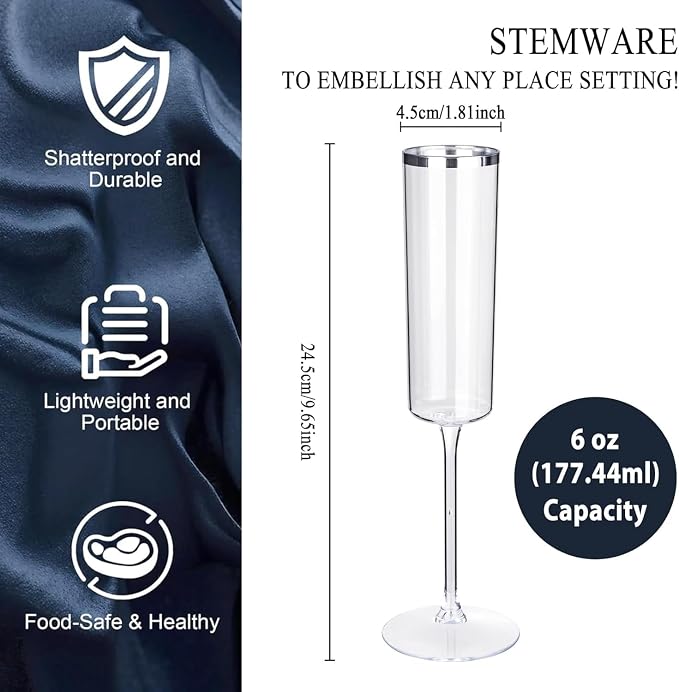 Ciaell 24 Pack Silver Plastic Champagne Flutes for Weddings Birthdays | 6 oz Silver Rim Square Toasting Cups, Heavy Duty Plastic, Champagne Wine Mimosas for Anniversaries Parties Bars