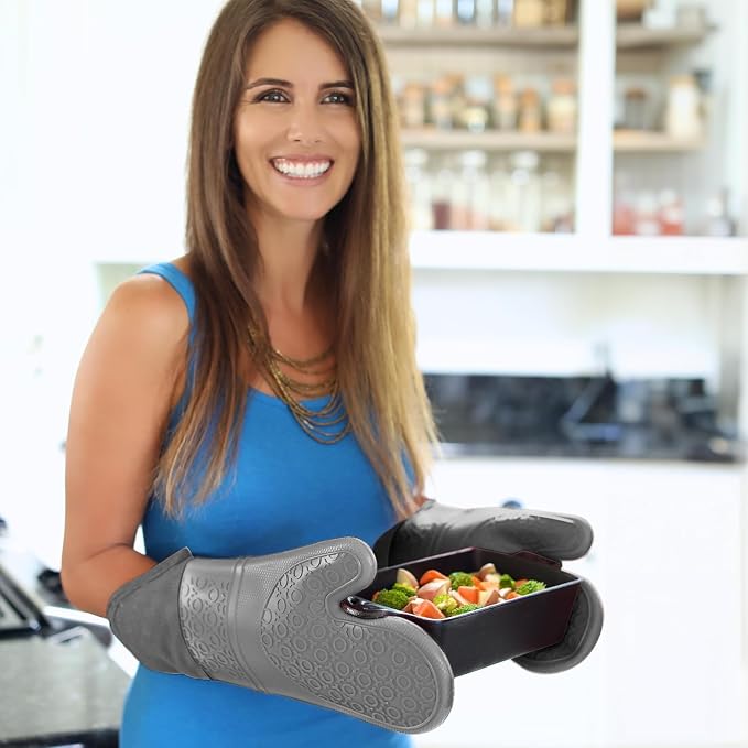 BPA-Free Soft Silicone Oven Mitts - Ultra Heat Resistant Oven Mitts with Thick Cotton Liner - Extra Long Slip Resistant Pot Holders, Flexible Oven Gloves - Gray 14.7"