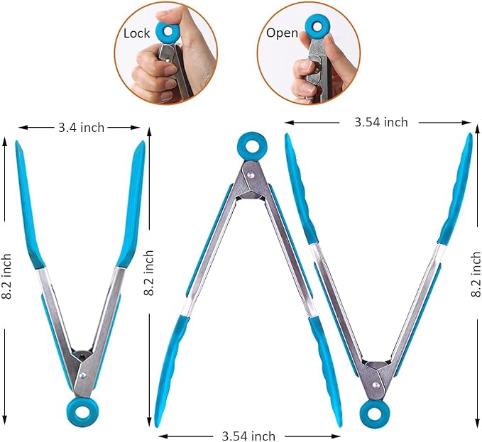 7 Inch Mini Serving Tongs with Silicone Tips Set of 3(Blue) | Stainless Steel Handle, Non-Scratch, Heat Resistant