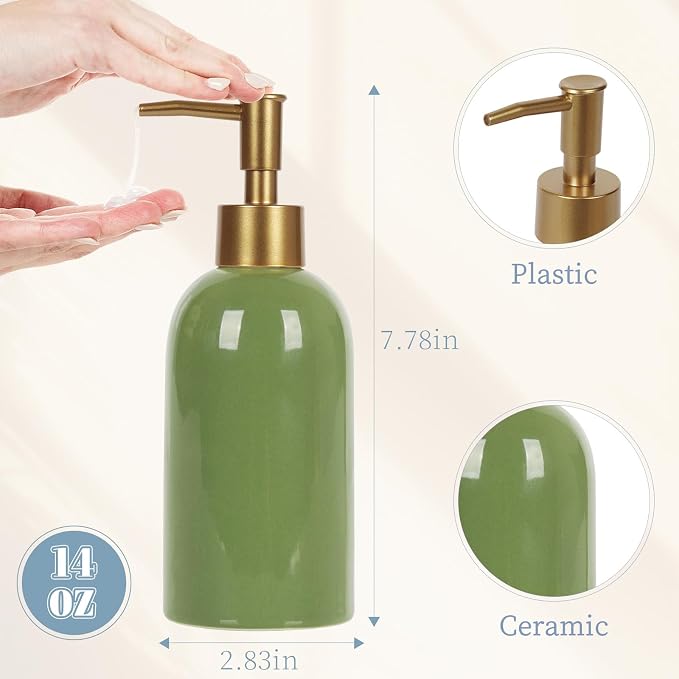 Natheeph Soap Dispenser for Bathroom/Kitchen Fill Hand Soap/Dish Soap,14OZ | Soap Pump Dispenser Bottle, Ceramic Soap Dispenser Refillable Shampoo/Lotion/Liquid/Detergent for Bathroom/Kitchen, Green