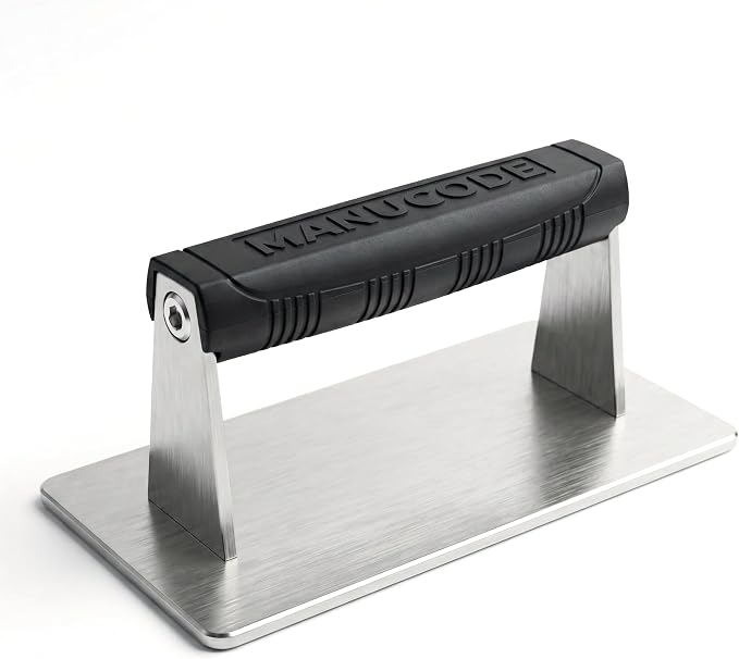 Smash Burger Press, Dishwasher Safe, 8 x 4.25 in, 2.5 lb | Rectangular bacon press with silicone handle, preheatable stainless steel for barbecue and flat top griddle fans