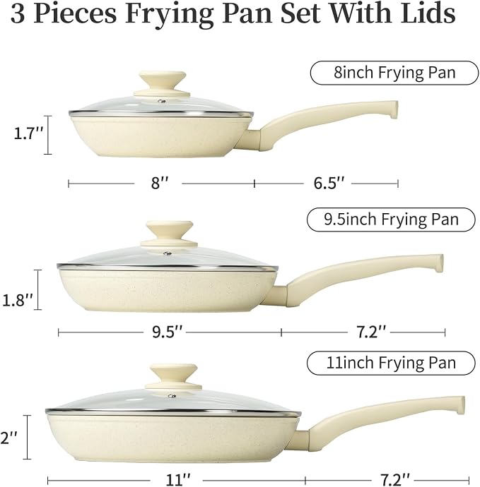 Innerwell Nonstick Ceramic Frying Pans Skillets Set with Lid 8"+9.5"+11" | No Toxic Egg Omelette Frying Pan, All Stove Compatible, Healthy Granite Induction Cooking Pan, PFOA & PFAS Free, Cream White