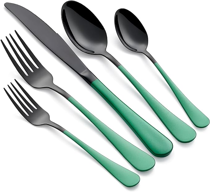 20-Piece Green Silverware Set 18/0 Stainless Steel Silverware Set Green Handle Cutlery Black Set Service for 4 Dinner Knives Forks Spoons Set Flatware SetFinish Dishwasher Safe