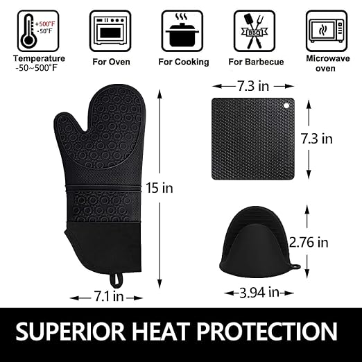 6pcs Silicone Oven Mitts and Pot Holders Sets for Kitchen, Black | 500°F heat resistant, cotton lining, honeycomb non-slip texture, 15-inch forearm protection, baking cooking gloves