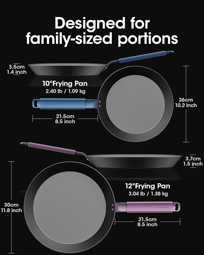 Carbon Steel Frying Pan Set, 10 & 12 Inch Nitrided Skillets | Multiple Cooking Sizes with Natural Patina Development; Ideal for Daily Cooking & High-heat Recipes