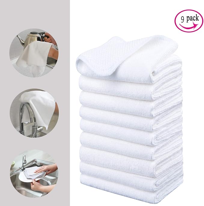 Dish Cloths for Washing Dishes with Scrub Side, Microfiber Dish Rags | Dual-sided microfiber dish cloths with scrubber for stuck-on food, quick dry kitchen washcloths 9 Pack, 12" x 12 Inch White