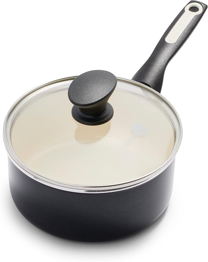 GreenPan Rio Healthy Ceramic Nonstick 2QT Saucepan Pot with Lid, PFAS-Free, Dishwasher Safe, Black