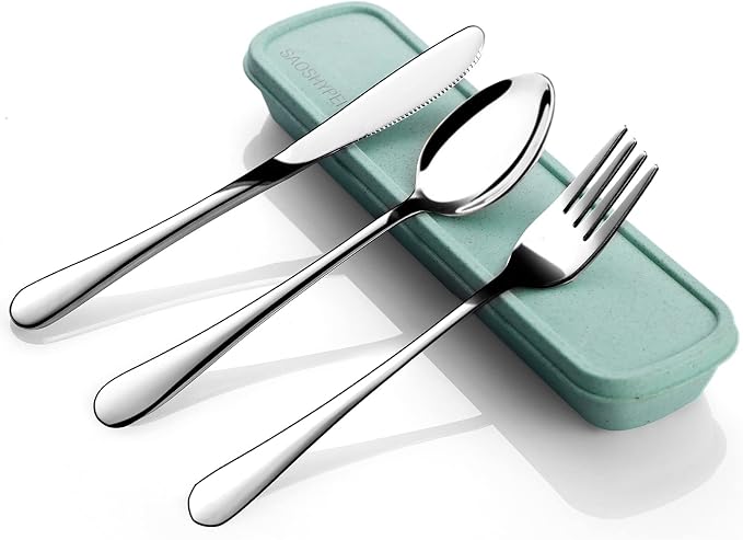 SAOSHYPEI Portable Cutlery Set with Case, 4-Piece Stainless Steel, Silver | Reusable fork, spoon and knife set for work lunch, lunch bags, picnic, camping and travel; dishwasher safe.