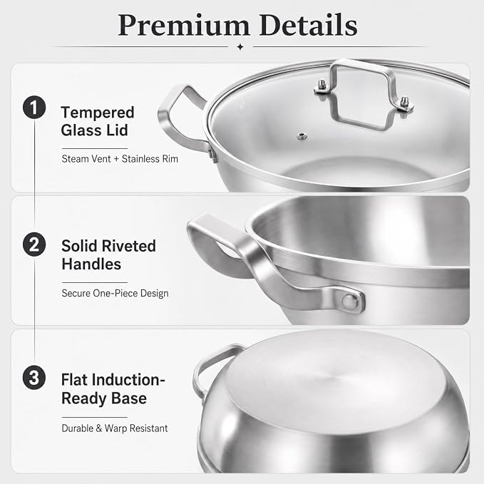 Delarlo Tri-Ply Stainless Steel 12 inch Everyday Pan with Glass Lid, Deep Saute Pan, Kitchen Everything Pan, High Side Chef's Pans, Induction Cooking Pot, Dishwasher Safe, 4QT Stock Pot Up To 600℉