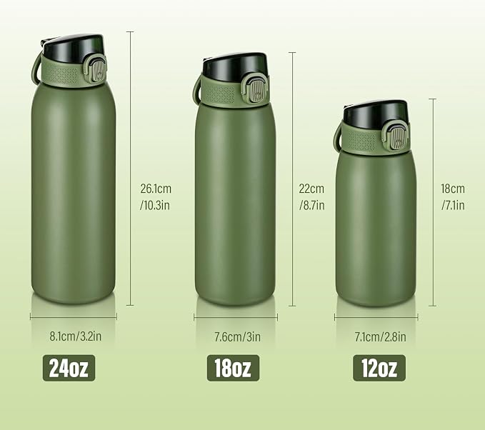 Insulated Water Bottle 12 oz with Dustproof Lid, Carry Handle & Tea Infuser, BPA-Free & Leakproof, Stainless Steel Water Bottles Ideal for Fitness, Hiking, Office & Outdoor Use （Olive Green ）