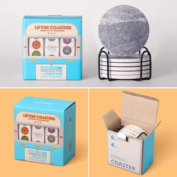 LIFVER Coasters for Drinks Absorbent, Living Room Decor, Ceramic Coasters Set of 6 with Cork Base, Protect Wooden Table or Furniture from Scratched, Drink Coasters with Holder - Grey