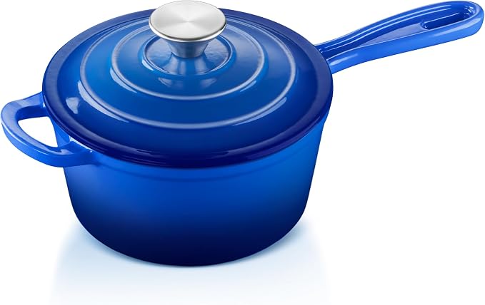 1 Quart Saucepan with Lid, Leonyo Enameled Cast Iron Dutch Oven Pot, Non Stick Small Cooking Pots Kitchen Induction Cookware for All Cooktops Cooking Pasta, Soup, Ramen - Up to 500°F, Dark Blue