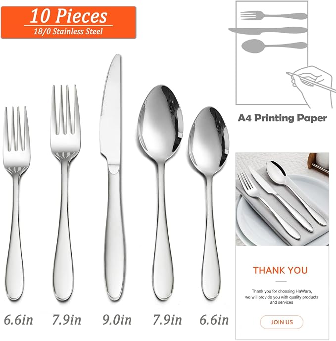 HaWare Silverware Set, 10-Piece Stainless Steel Flatware Set, Service for 2 | Food Grade Cutlery Set, Include Fork Spoon Knives, for Home & Restaurant, Mirror Polished, Dishwasher Safe