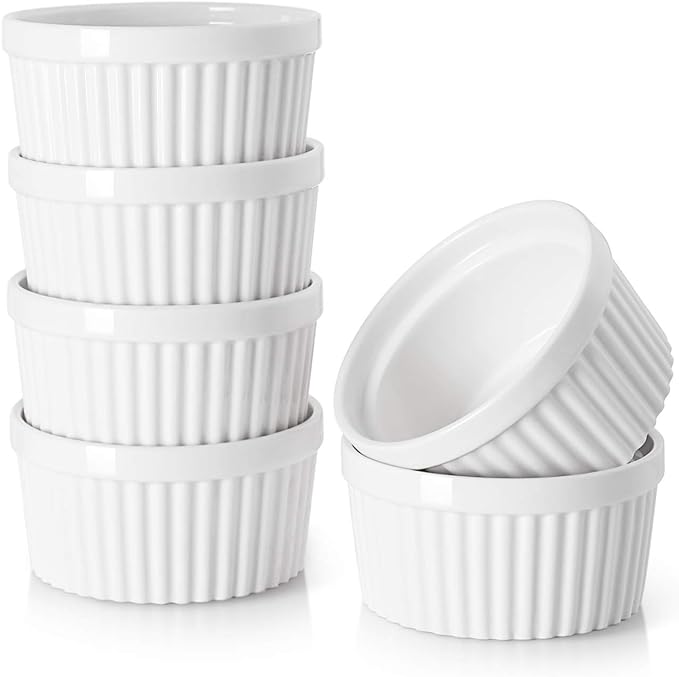 DOWAN 4 oz Ceramic Ramekins Set of 6, Oven Safe Souffle Dishes for Air Fryer Baking, Mini Round Baking Cups for Creme Brulee, Dipping Sauces, Desserts and Prep Bowls, White