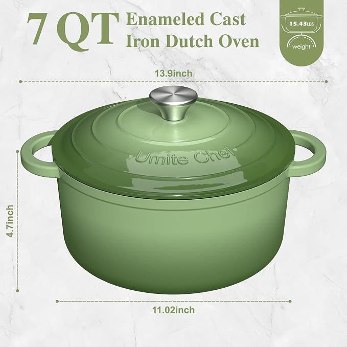 Umite Chef Enameled Cast Iron Dutch Oven-7QT Pot with Lid Cookbook & Cotton, Heavy-Duty Cookware for for Bread Baking, Braising, Stews, Marinate, Cook(Sage Green)