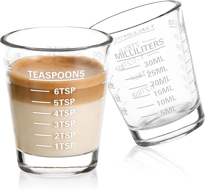 SAIAOKJ Shot Glass Measuring Cup Set, 2 Pack Espresso Shot Glasses (White) | Glass measuring cups feature 26 markings up to 1 OZ, 2 TBS, 6 TSP, 30 ML for espresso, liquor, medicine and recipes