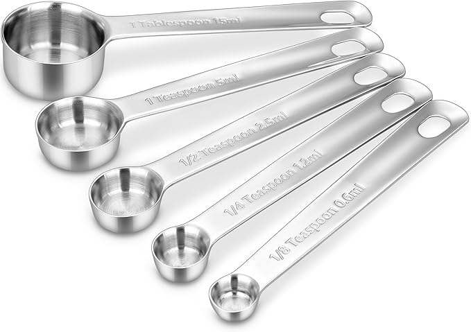 Premium 18/10 Measuring Spoons Set (Silver, 5PC Measuring Spoons) | 18/10 Stainless Steel; 1/8 Tsp to 1 Tbsp; Extrat-Long Handles; Stackable; Dishwasher Safe for Baking and Cooking.