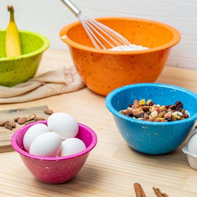 Confetti Melamine 4 Piece Nesting Mixing Bowls Set, Colorful Vibrant | Colorful Kitchen Bowls (18oz, 1.25QT, 2.5QT, 4QT) - BPA-Free, Dishwasher Safe, Space-Saving
