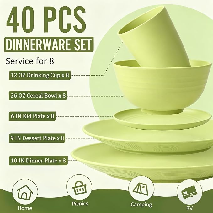 Wheat Straw Dinnerware Set 40-Piece Service for 8 Unbreakable Dishes Set Plates and Bowls Sets Drinking Glasses Microwave Safe Dish Set Lightweight Dinnerware Set for Home & Kitchen - Yellow
