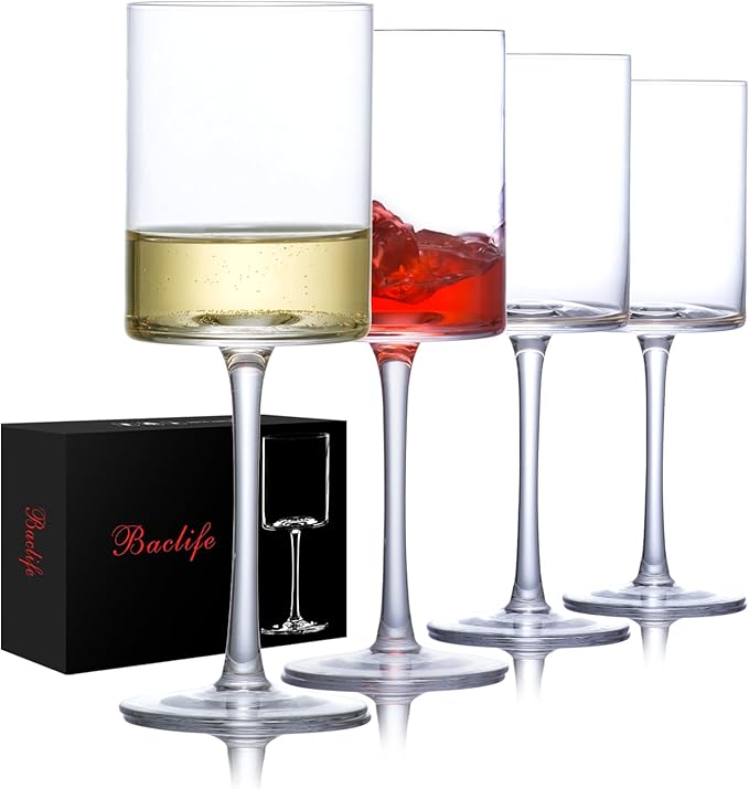 Wine Glasses Set of 4 - Hand Blown wine glass 15oz in Gift Packaging - Large White Wine Glass on Long Stem - Unique Modern Shape - For Wedding, Anniversary, Father’s Day