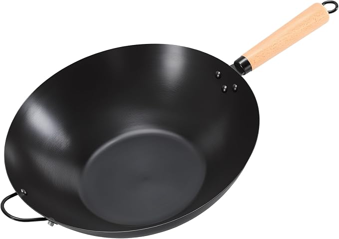 DUMOS 13.5" Carbon Steel Wok Pan, No Chemical Coating, Pre-Seasoned Flat Bottom Pow Wok for Family Meals and Camping, Compatible with Induction, Electric, Gas, Open Fire, Black