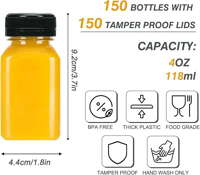 150pcs 4oz Plastic Juice Bottles with Caps, Sticker Labels, Brush | Empty Reusable 4oz Juice Containers with Lids Clear Ginger Shots Bottles with Label, Funnel, and Brush Beverage for Juicing