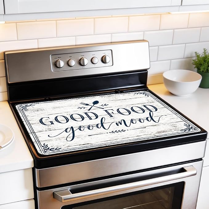 Good Food Good Mood Farmhouse Stove Top Cover Electric Gas Stove | Modern farmhouse kitchen decor; non-slip stovetop cover, glass cooktop noodle board, rustic country counter mat with quote