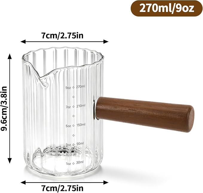 Espresso Measuring Cup 9 Oz, Espresso Glass Cups with Wood Handle, Milk Frothing Cup, Espresso Cup for Coffee, Milk, Tea or Maple Syrup Serving (Transparent, 9 oz)