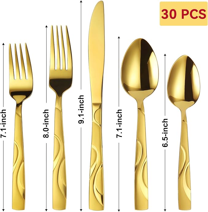 30-Piece Gold Silverware Set for 6 | Grade 430 Stainless Steel Flatware Set, Cutlery Set Service for 6, including Fork Spoon and Knife, Dishwasher Safe
