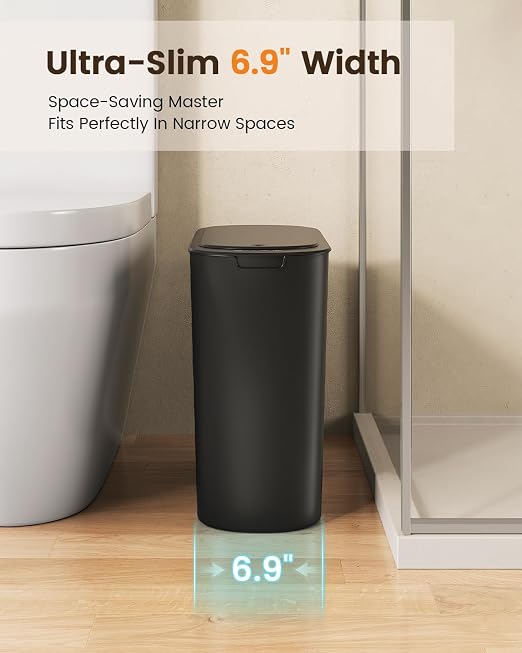 TIPGO 5 Gallon Automatic Bathroom Trash Can with Lid, Black, Touchless | Motion Sensor, Slim Smart Garbage Bin, Plastic Wastebasket, Battery Operated, Manual Button, for Bedroom, Office, RV