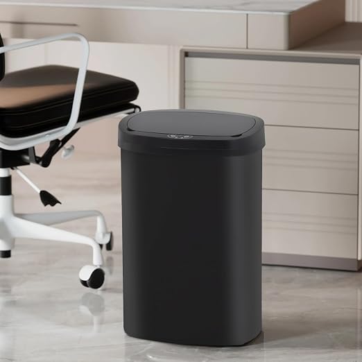 BestOffice | 13 Gallon Plastic Trash Can with Lid | Black | Automatic Touchless Garbage Can | Odor Control | Modern Oval Design | Easy to Clean | For Kitchen, Bathroom, Office or Home