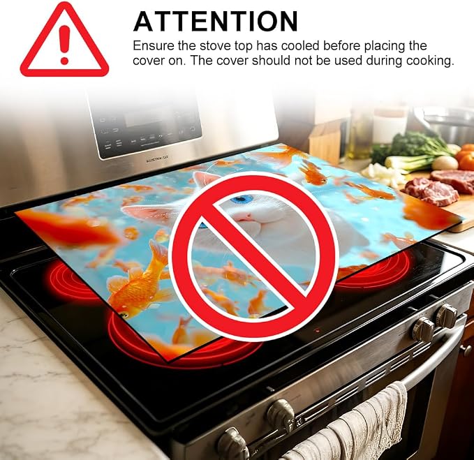 White Cat Goldfish Stove Top Cover 28.35x20.47 in Non Slip | Heat Resistant Cooktop Protector Mat with Non-Slip Backing, Scratch Protection and Countertop Drying Mat.