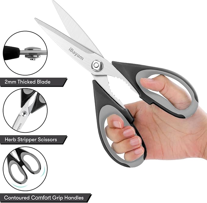 iBayam 8.5" Kitchen Scissors with Sheath, Black Cooking Scissors | All Purpose Shears, Kitchen Gadgets Utensils Set for Home,