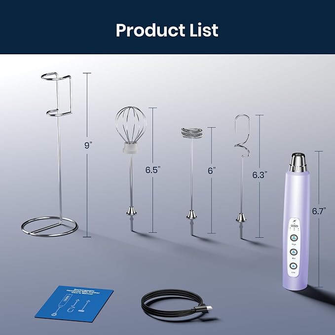 Milk Frother Wand Rechargeable Handheld Electric Whisk 3 Speed Adjustable | Coffee Frother Wand with 3 Stainless Whisks Electric Foam Maker Drink Mixer Blender for Latte Cappuccino Matcha Egg