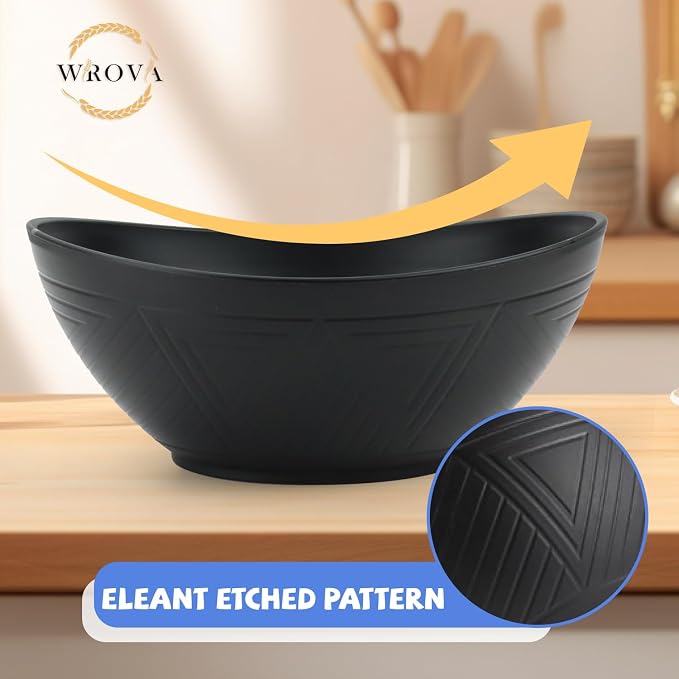 Big Wheat Straw Bowls,Large Salad Bowls Set of 2,Dishwasher and Microware Safe Plastic Bowls Reusable,Eating bowls for Cereal,Salad,Fruit,Snack. Black