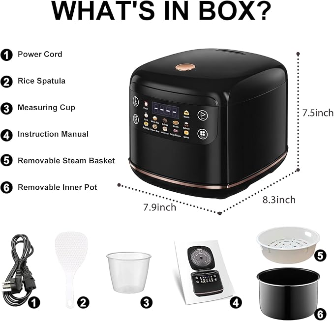 Portable Digital Rice Cooker, 6-Cup (Uncooked)/12-Cup (Cooked) Small Rice Maker with Steaming Basket, Mini Rice Cooker with 2L Removable Nonstick Inner Pot, 10 Menu Options, Auto Keep Warm, 24 Hour Delay Timer (Black)