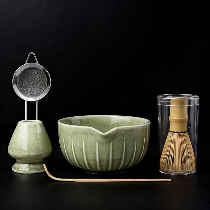 Matcha Whisk Set, Japanese Tea Set (5pcs) includes Matcha Bowl with Spout (19 oz), Bamboo Whisk, Matcha Scoop, Matcha Whisk Holder (Chasen Holder), Stainless Steel Sifter, Macha Kit