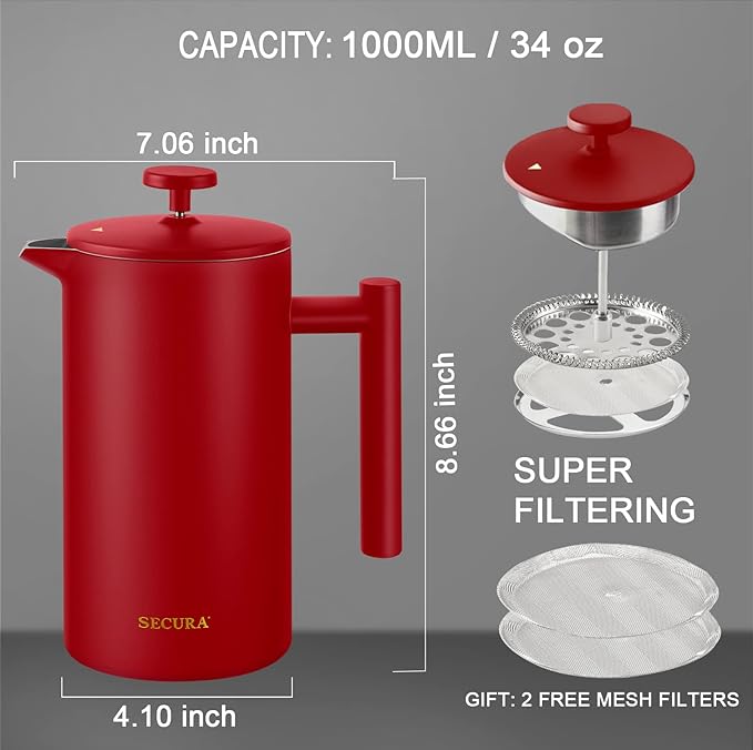 Secura French Press Coffee Maker, 304 Grade Stainless Steel Insulated Coffee Press with 2 Extra Screens, 34oz (1 Litre), Red (Pack of 2)