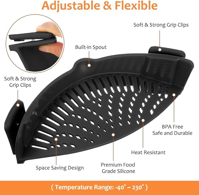 YEVIOR Clip on Strainer for Pots Pan Pasta,Silicone Food Pan Strainer | Food-grade BPA-free,Kitchen Food Strainer for Spaghetti, Pasta,Vegetable Fruits Fits All Bowls and Pots (Black)